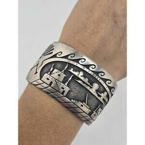 Native American Signed Sterling Cuff Bracelet ~Farm Scene ~Spectacular Detail